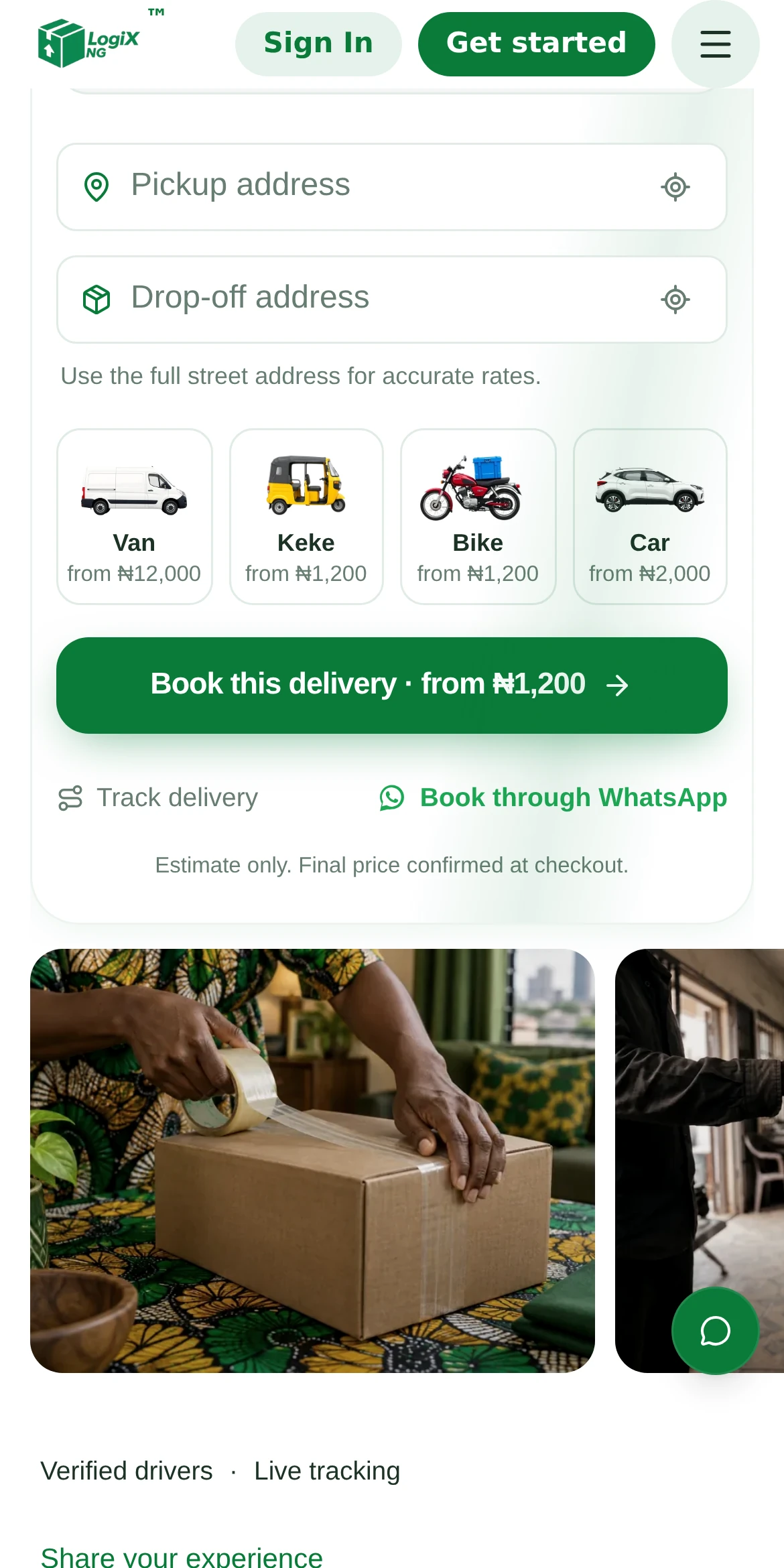 LogiX Nigeria vehicle options and delivery pricing