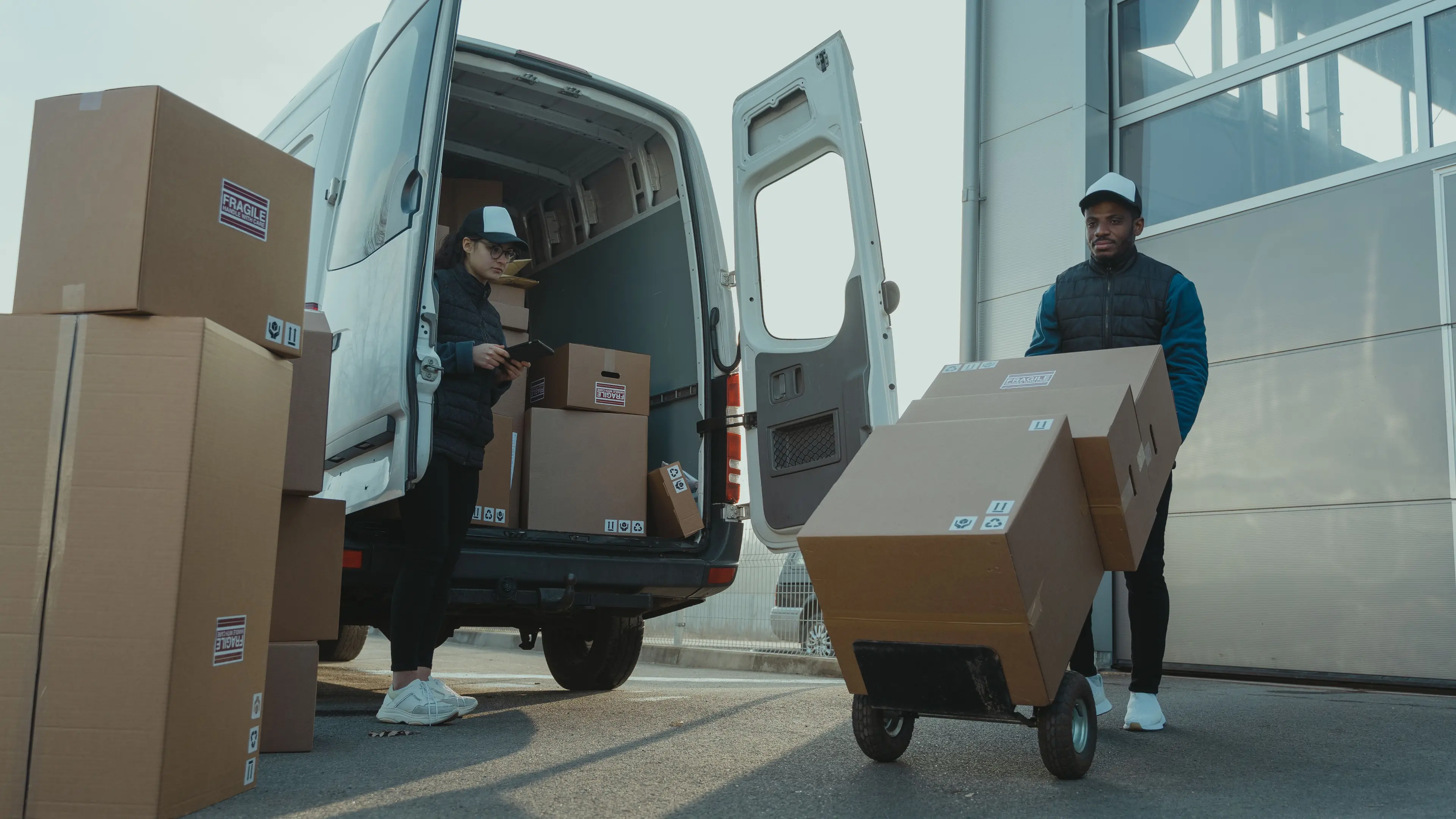 Delivery workers loading parcels into a van